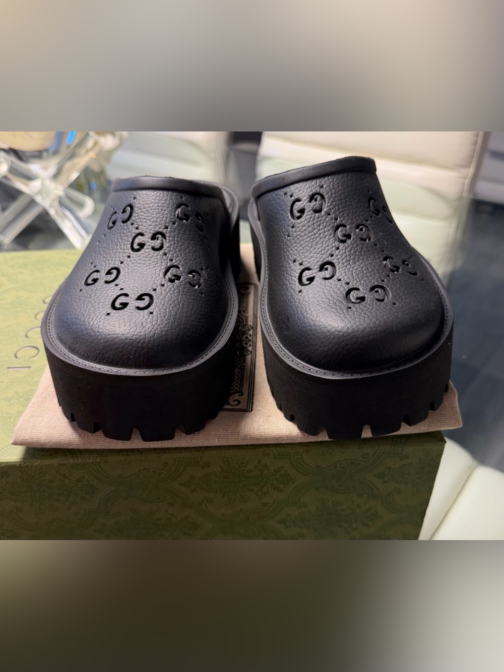 Gucci Black Perforated GG Platform Clog Mules - Picture 8 of 10
